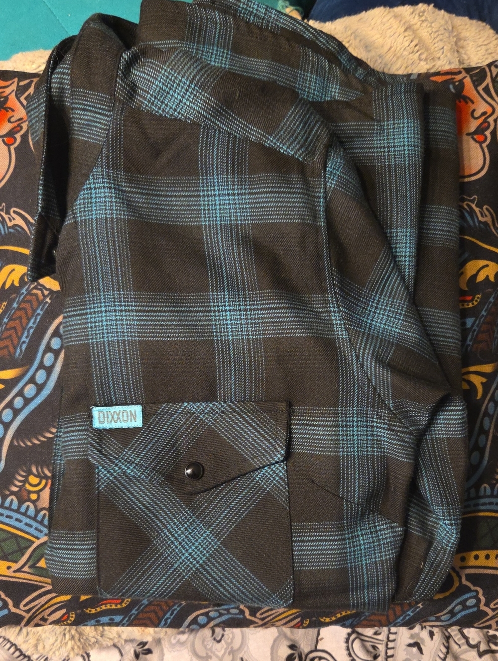 DIXXON Trixie Black & Teal Plaid Snap-up Flannel L Snaps Women NWOT